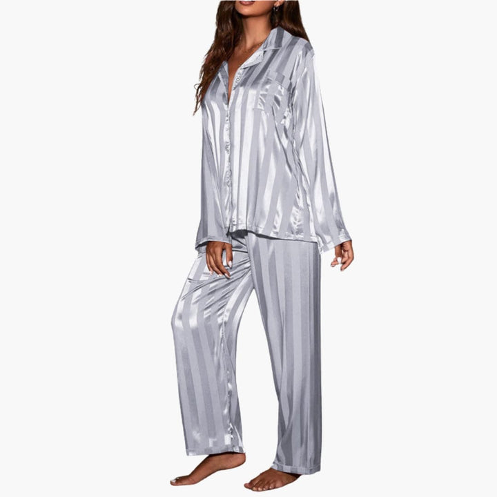 Damen Satin Pyjama Set mit Knopfoberteil und Streifendesign