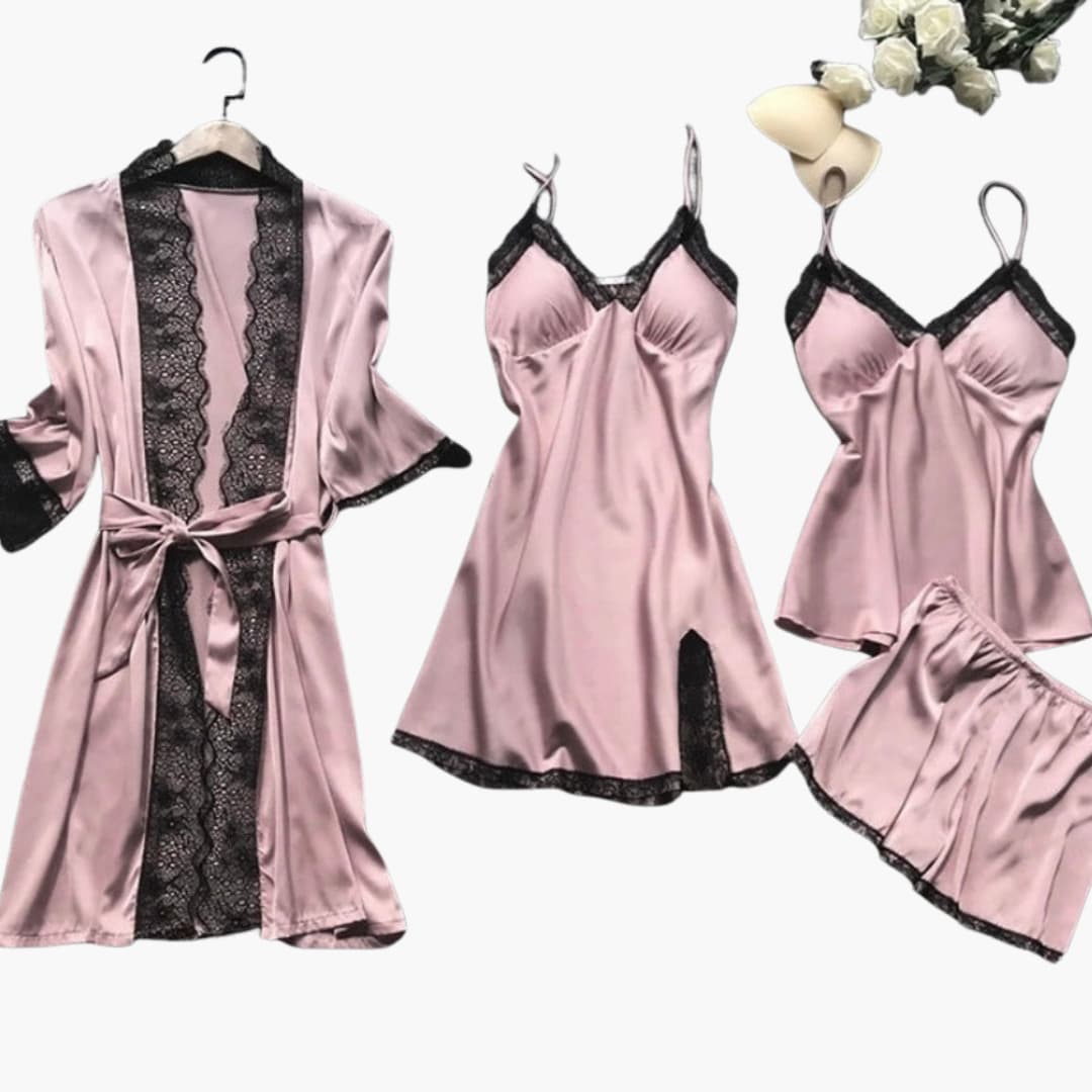 Damen Satin Schlafanzug Set mit Morgenmantel und Spitzendetails
