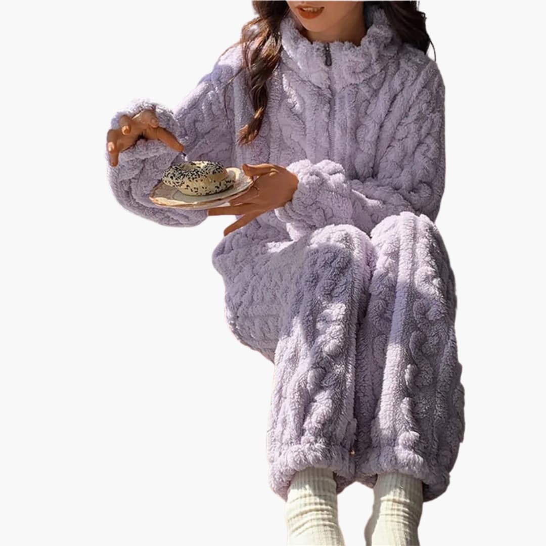 Damen Fleece Pyjamaset mit Reißverschluss Top und langer Hose