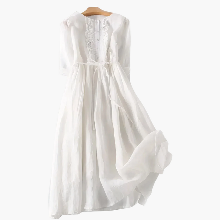 Elegantes langes Kleid für Frauen - Knopfleiste und Bindegürtel