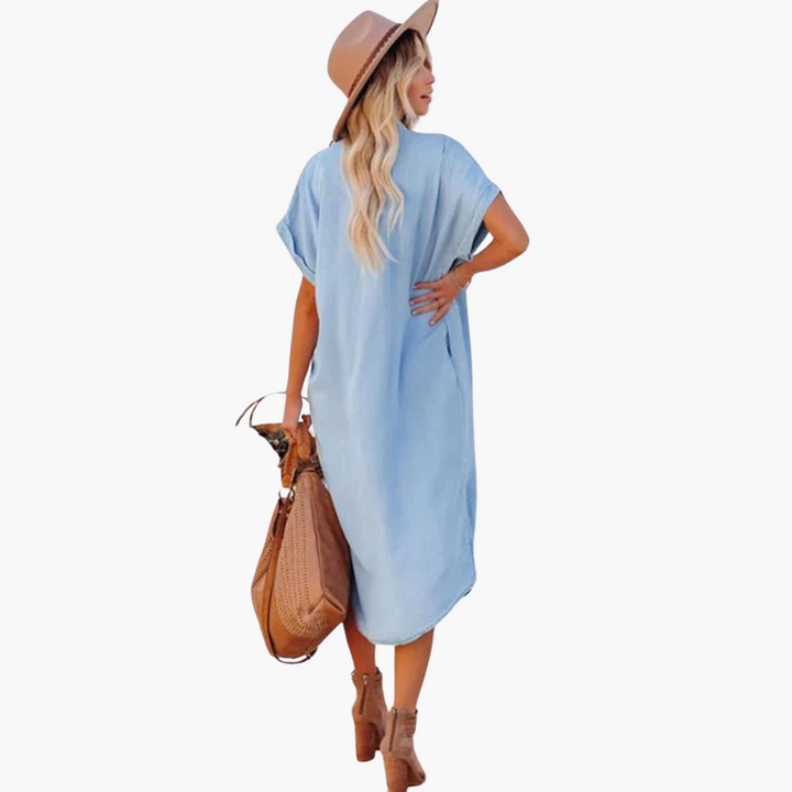 Denim Shirtkleid Damen – Lässig, Knopfleiste, Kurzarm