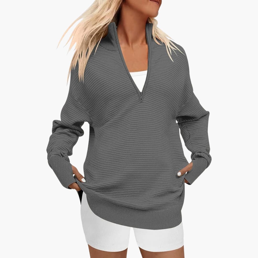 Damen Oversized Pullover mit Stehkragen und Reißverschluss
