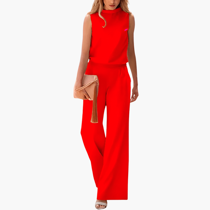 Ärmelloser Damen Jumpsuit mit hohem Kragen und weitem Bein