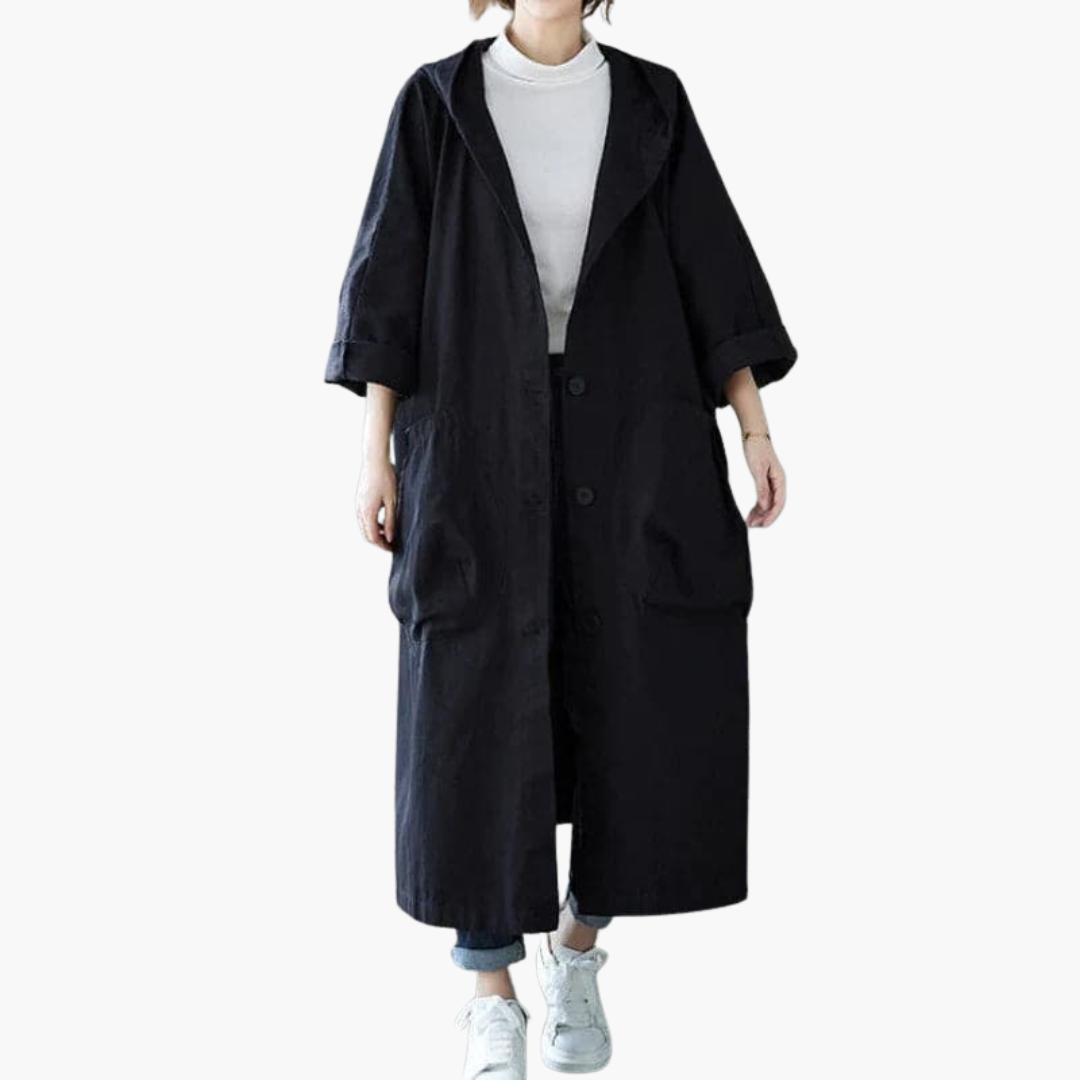 Damen Oversize Trenchcoat mit Kapuze und großen Taschen