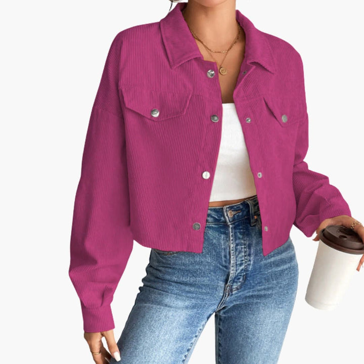 Damen Cropped Cordjacke mit Druckknöpfen