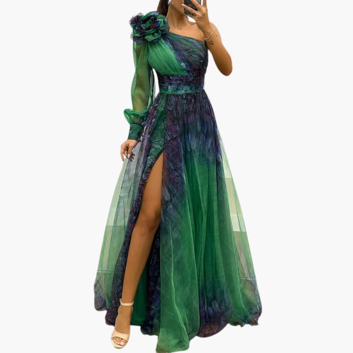 One-Shoulder Maxikleid mit Mesh-Print - Damen Abendmode