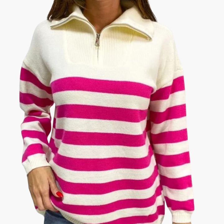 Gestreifter Reißverschluss Pullover für Damen mit Stehkragen