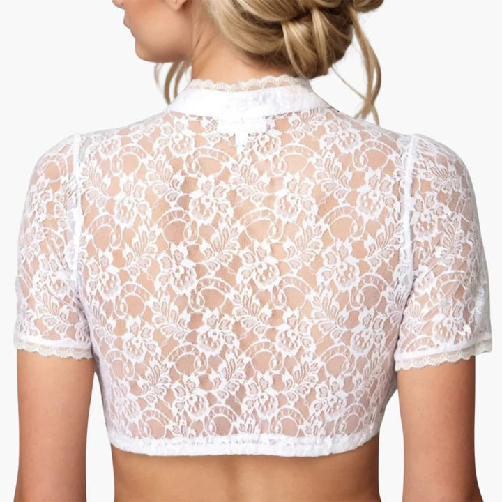 Damen Kurzarm Dirndlbluse aus Spitze mit hohem Kragen und Knopfleiste