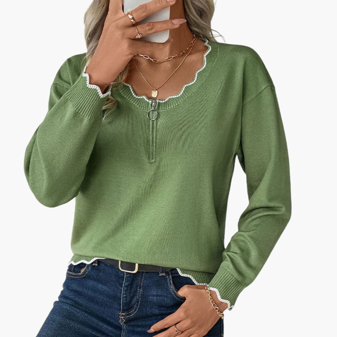 Damenpullover mit dekorativem Reißverschluss und Rüschendetails