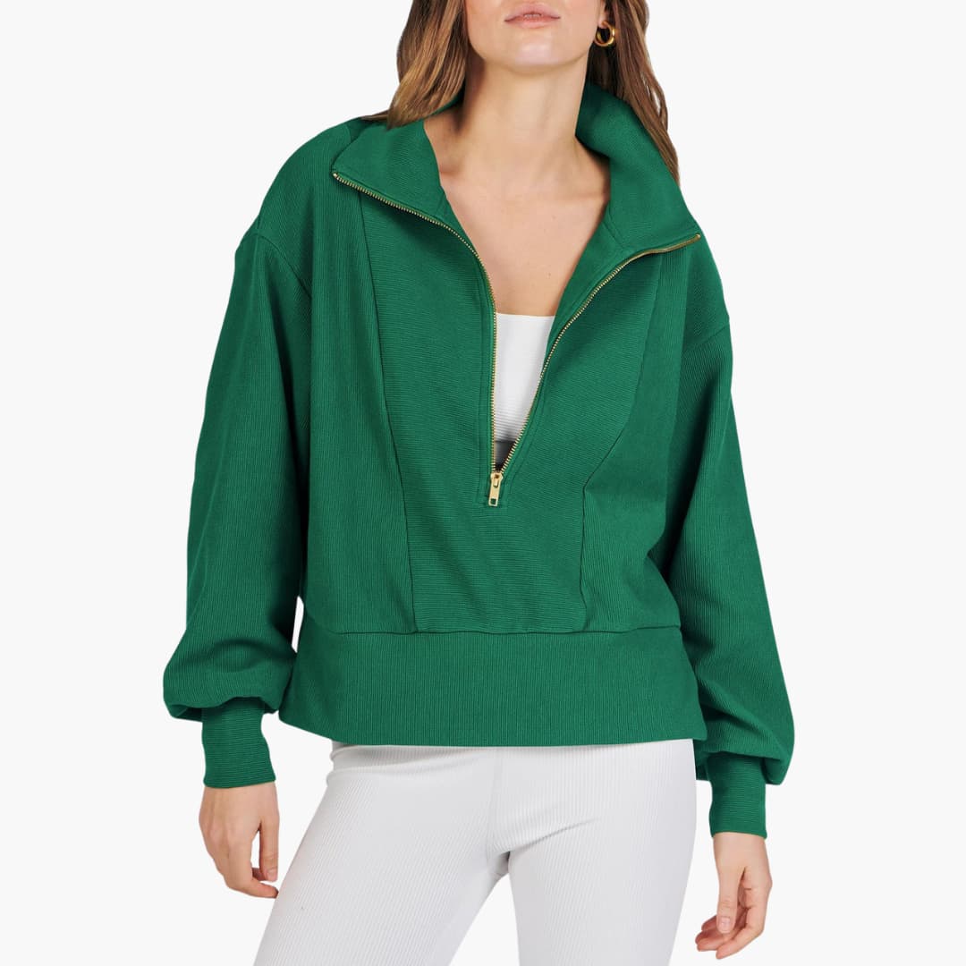 Frauen Zip-Front Pullover mit hohem Kragen und gerippter Oberfläche