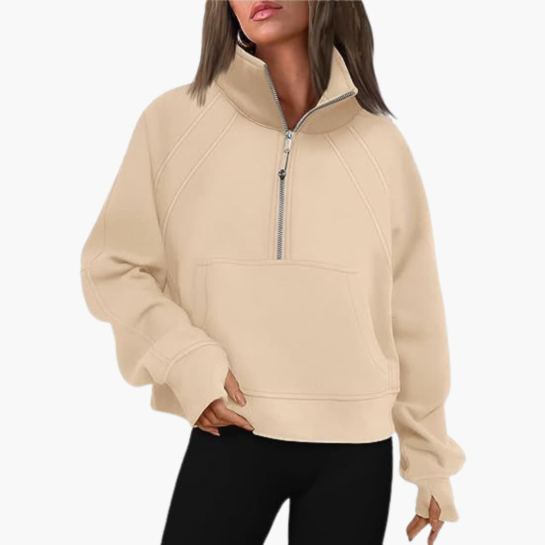 Frauen Zip-Front Pullover mit hohem Kragen und Kängurutasche