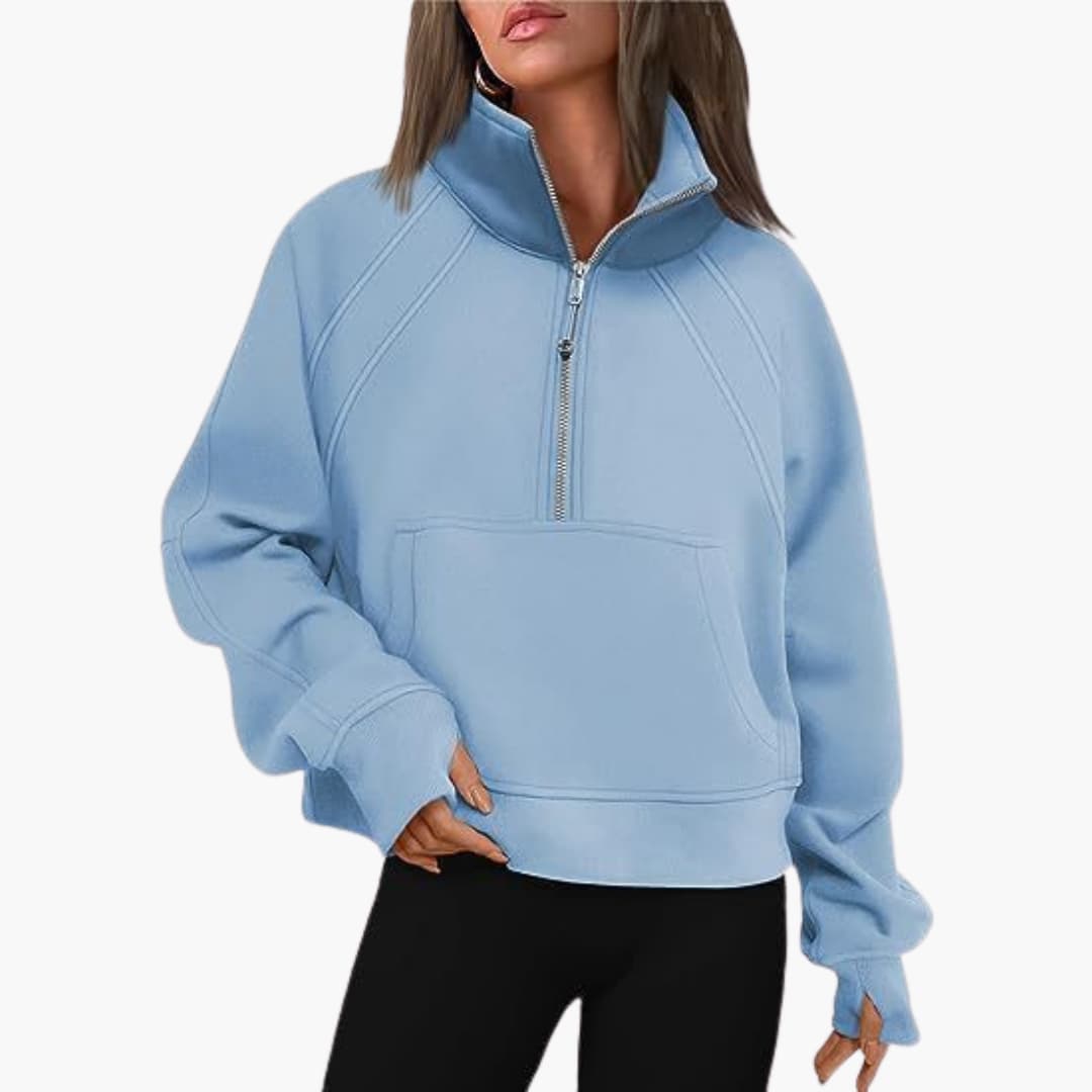 Frauen Zip-Front Pullover mit hohem Kragen und Kängurutasche