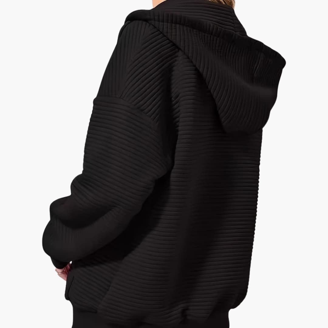 Frauen Pullover mit halbem Reißverschluss und gerippter Textur, lockere Passform