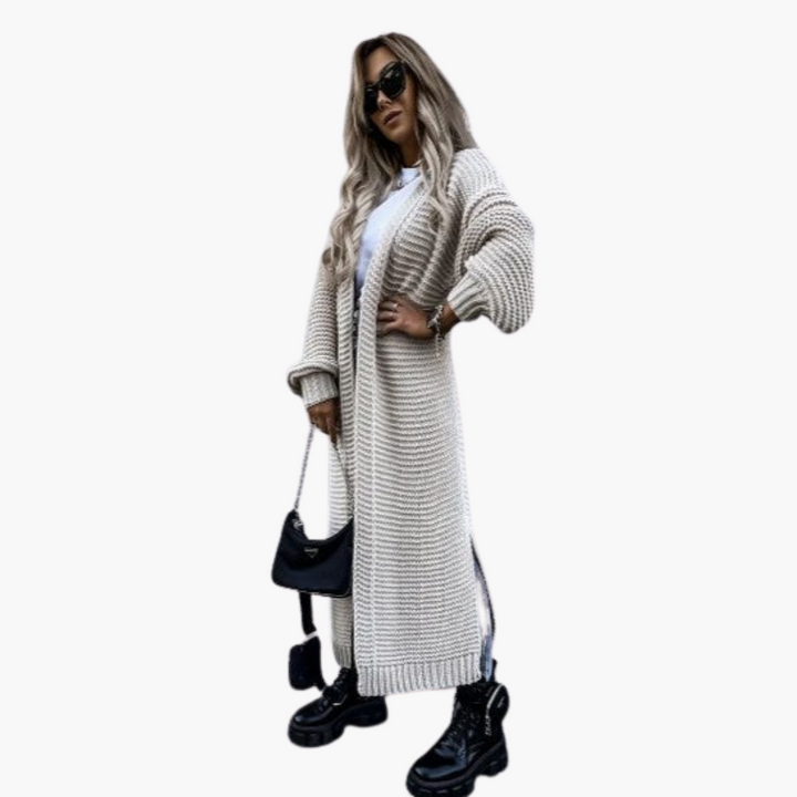 Damen Strickjacke lang mit offenem Vorderteil und gerippten Bündchen