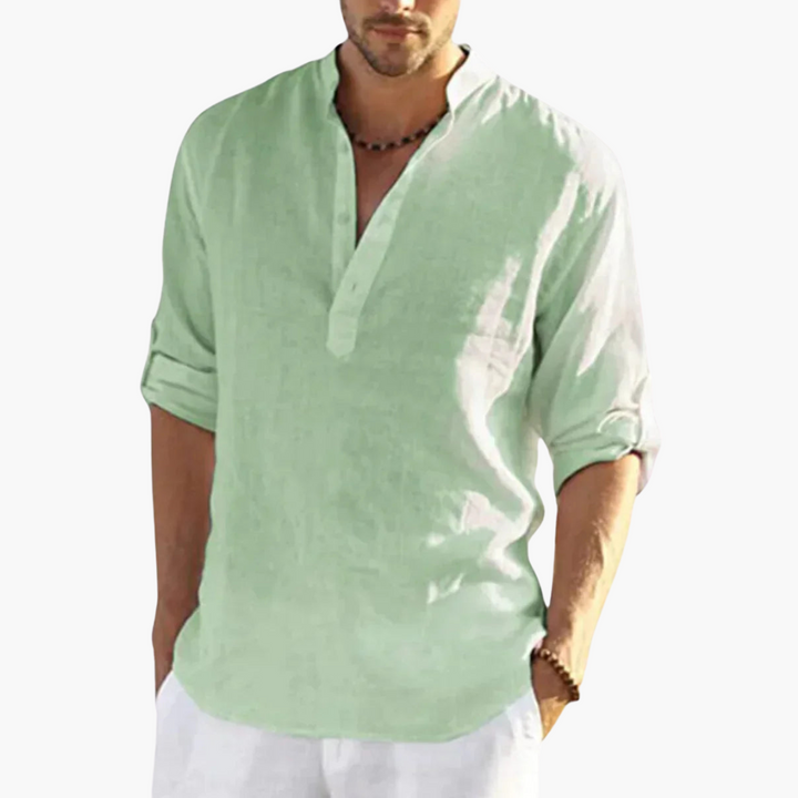 Stehkragen Leinenhemd mit Knopfleiste für Herren