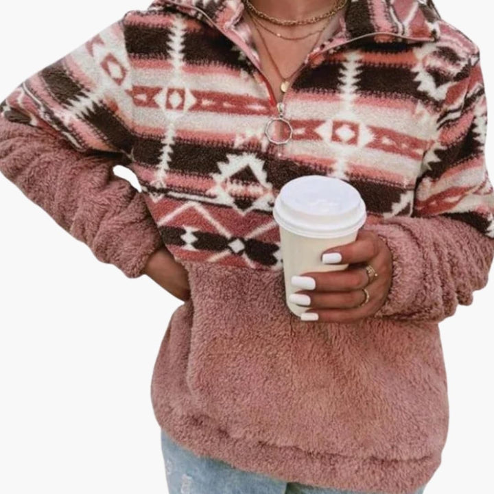 Damen Fleece Pullover mit Stehkragen und Muster