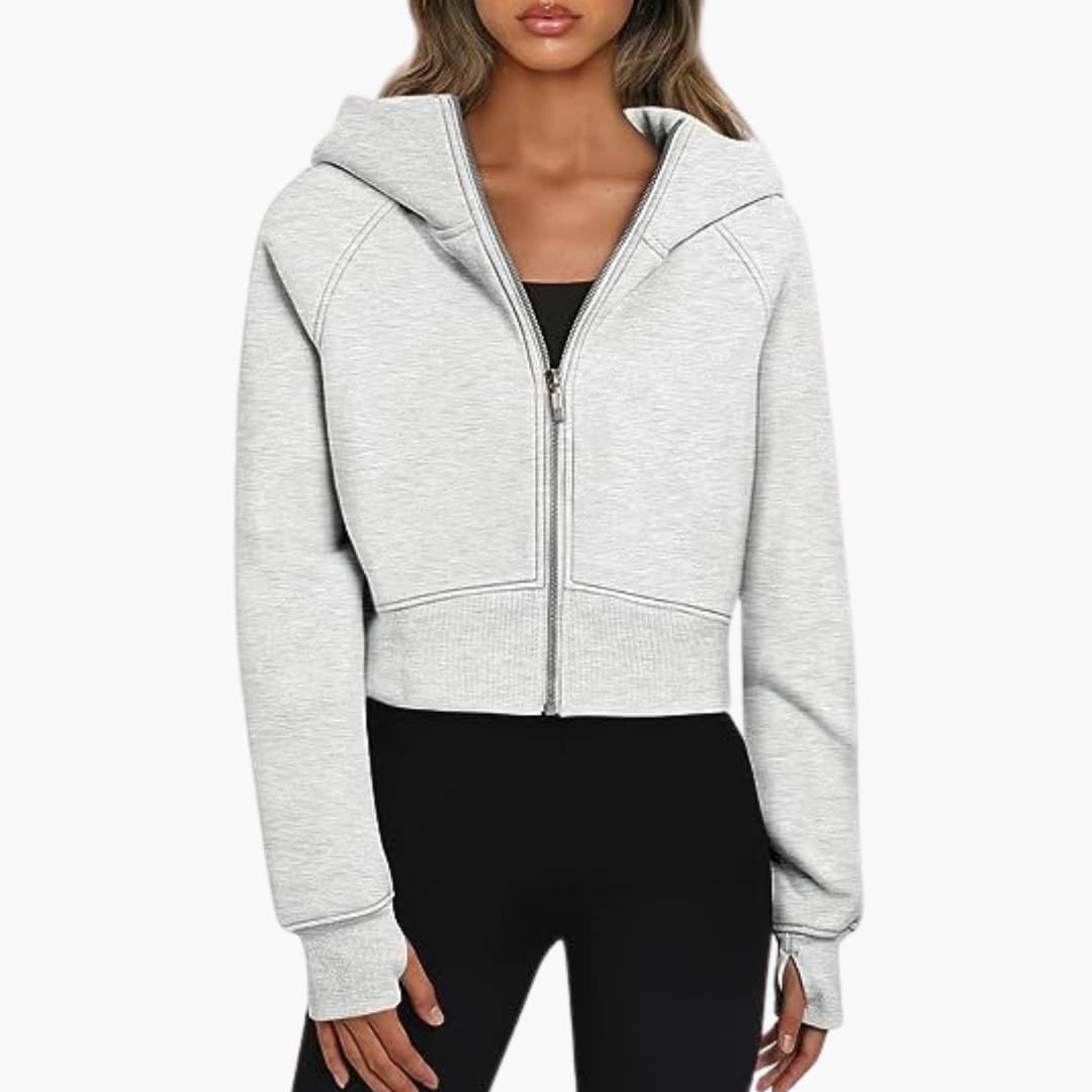 Damen Cropped Hoodie mit Reißverschluss und elastischem Bund