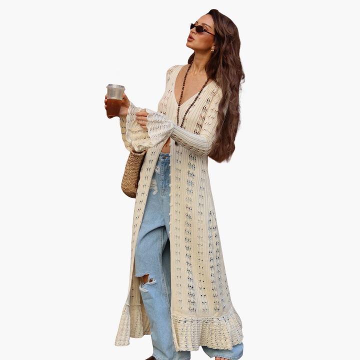 Damen Langer cardigan mit offener Front und ausgestellten Ärmeln