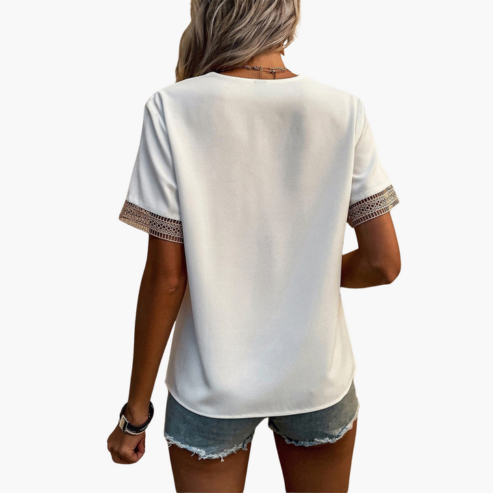 Spitzenbluse Damen – Sommerliche V-Ausschnitt Bluse mit Spitze
