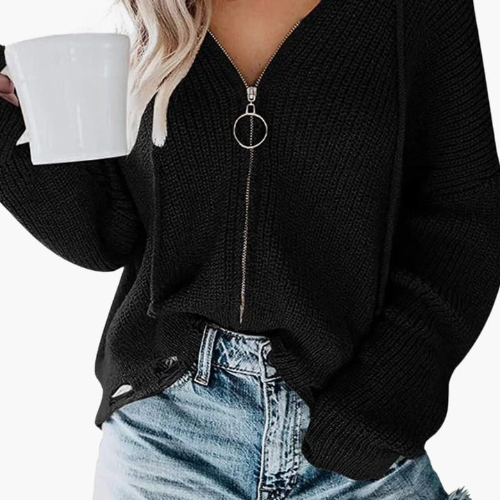 Damen Pullover mit V Ausschnitt und Reißverschluss