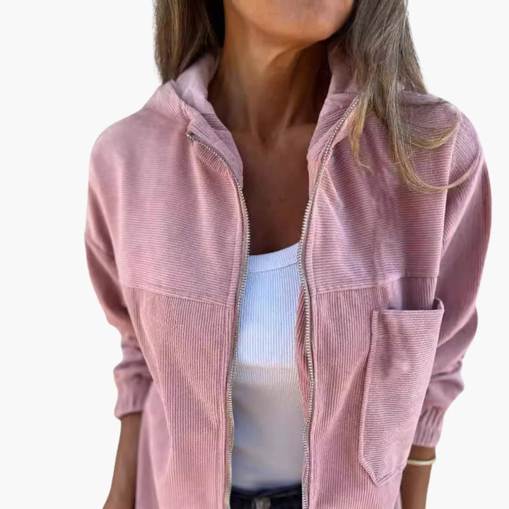 Damen Cord Kapuzenjacke mit Reißverschluss und aufgesetzter Tasche