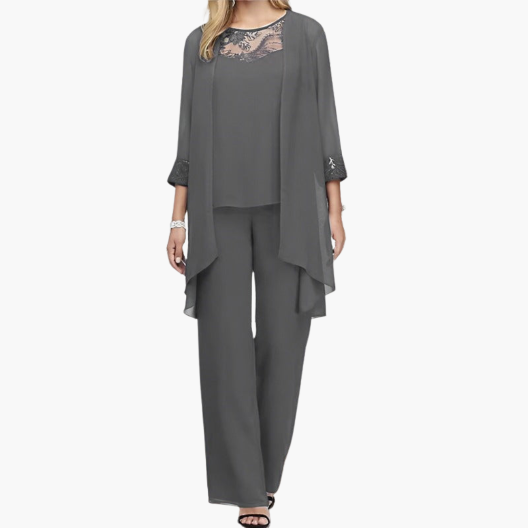 Dreiteiliges Damen-Set mit Spitzentop und offener Jacke