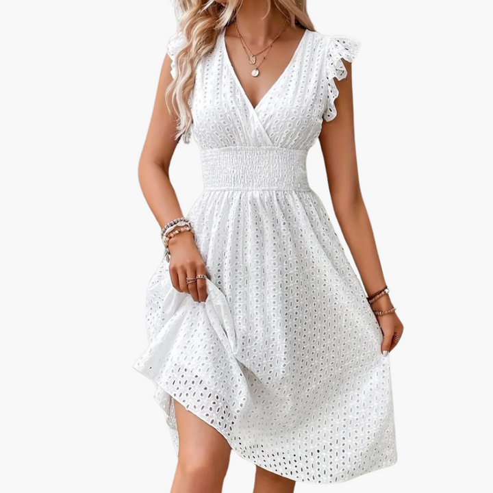 Weißes Spitzenkleid für Frauen – Sommerkleid mit V-Ausschnitt