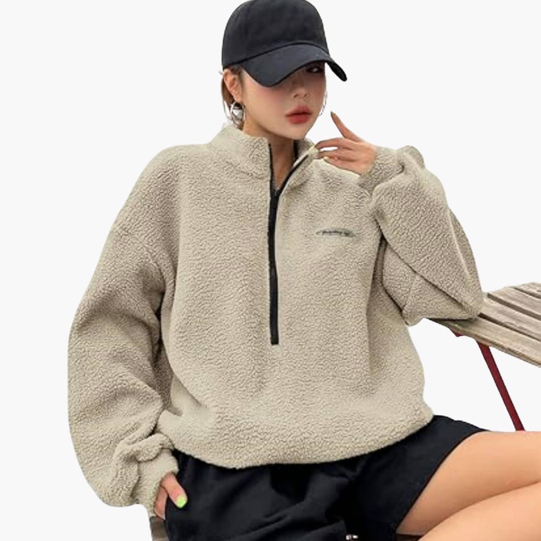 Damen Sweatshirt mit Halbreißverschluss und strukturierter Oberfläche