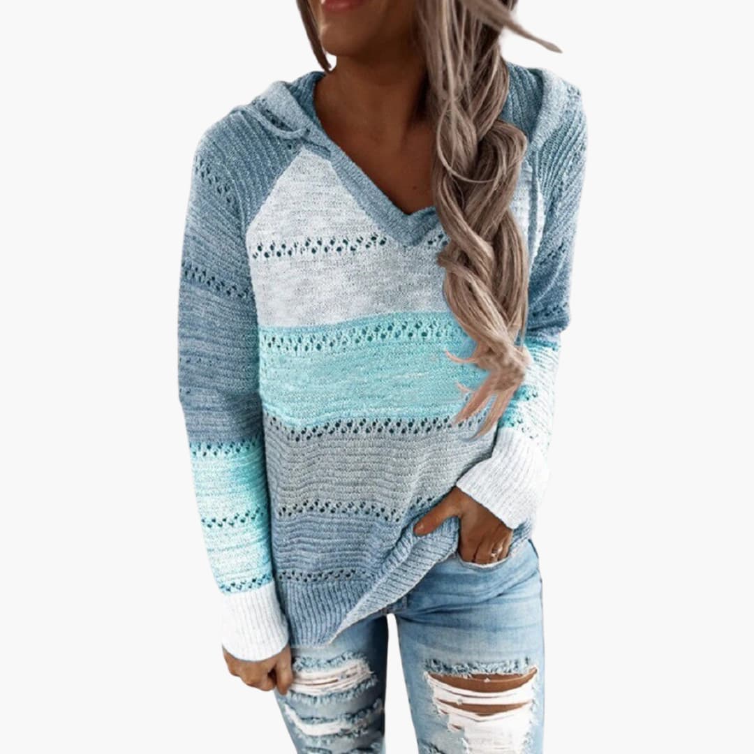 Damen Kapuzen pullover mit V-Ausschnitt und gestreifter Oberfläche