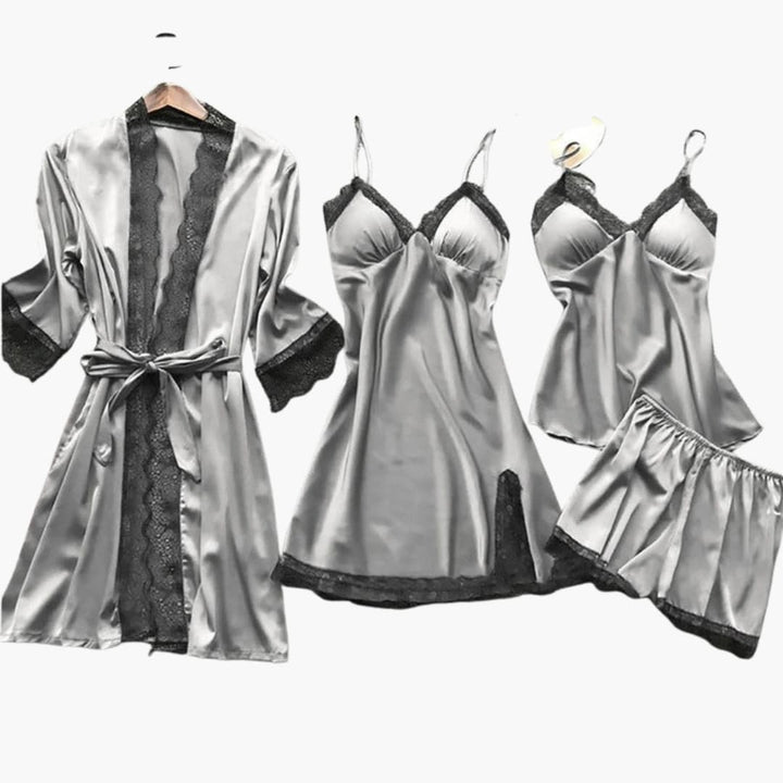 Damen Satin Schlafanzug Set mit Morgenmantel und Spitzendetails