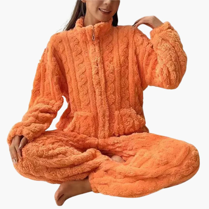 Damen Fleece Pyjamaset mit Reißverschluss Top und langer Hose
