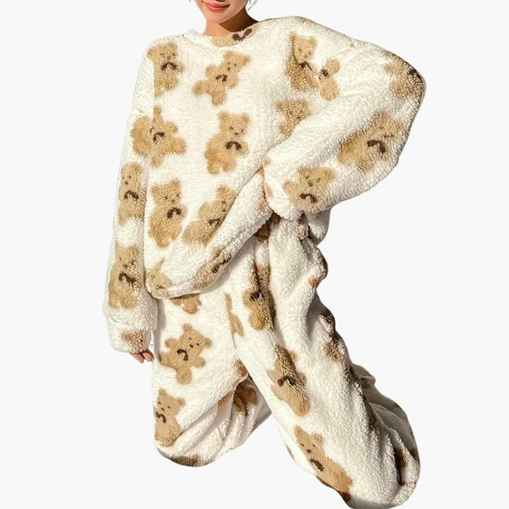 Damen Fleece Pyjamaset mit Bärendruck und elastischem Bund