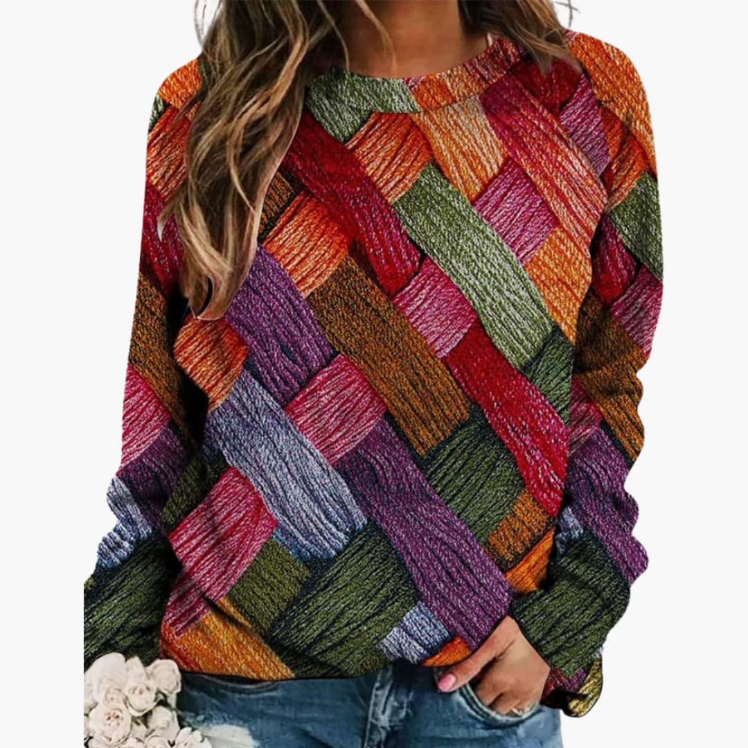 Damen pullover mit buntem Patchwork und Rundhalsausschnitt