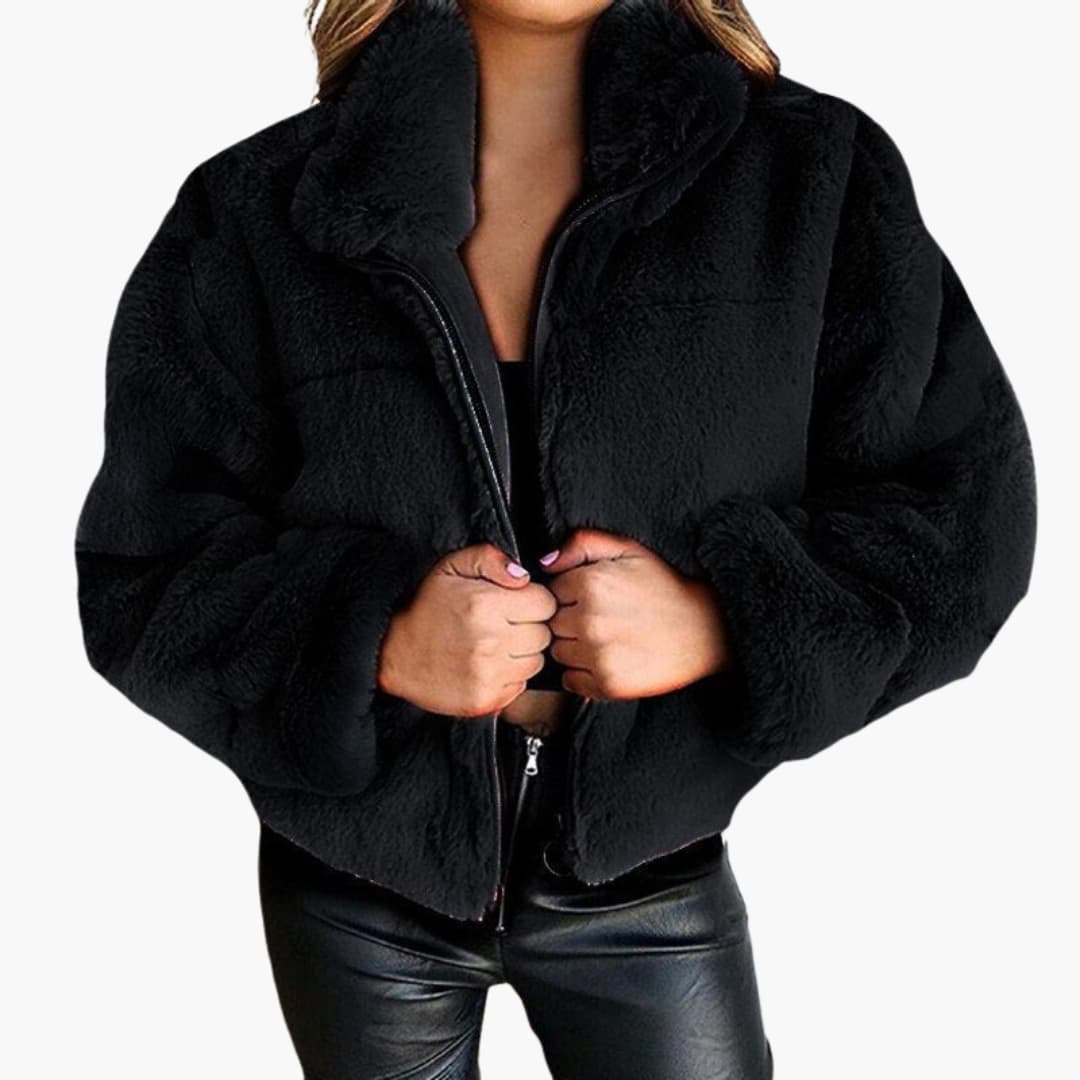 Damen Kunstpelzjacke mit Reißverschluss und Stehkragen