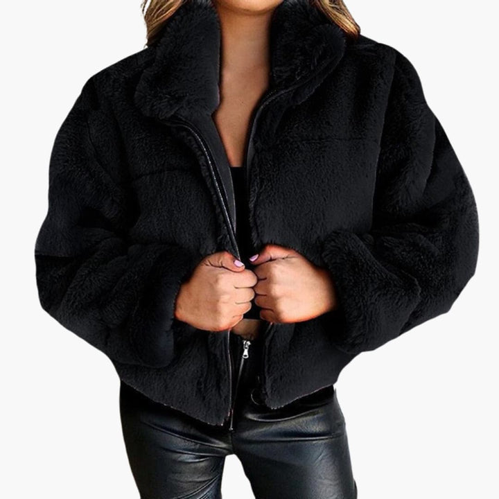 Damen Kunstpelzjacke mit Reißverschluss und Stehkragen