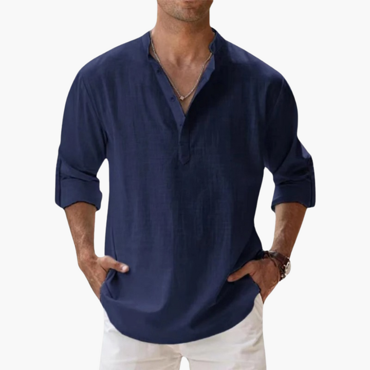 Lässiges Herren Leinenhemd – Langarm, Henley Stil