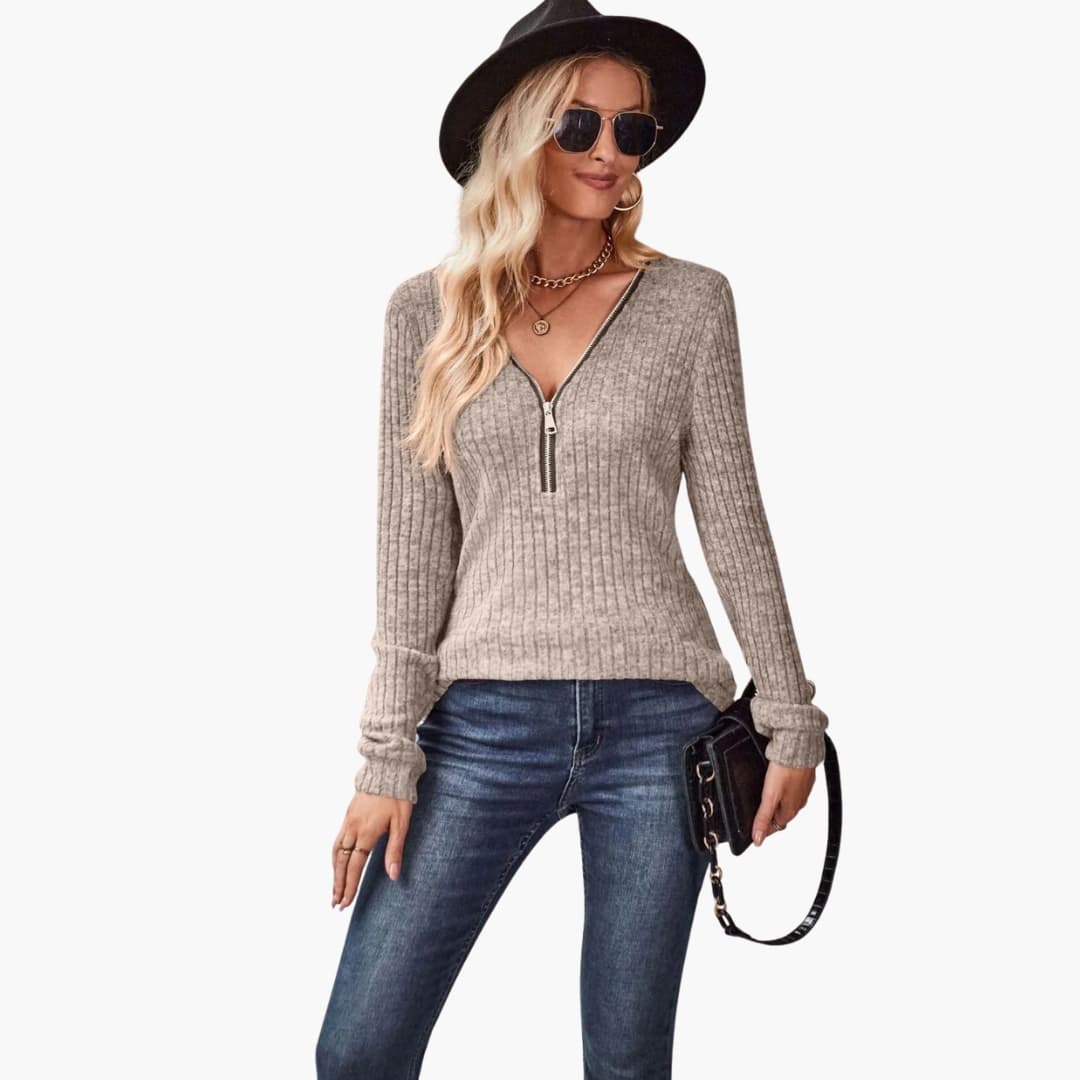 Damen pullover mit Reißverschluss und Rippstrickmuster