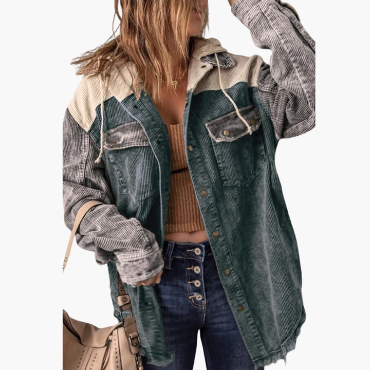 Damen Cord Jacke mit Kapuze und Druckknöpfen
