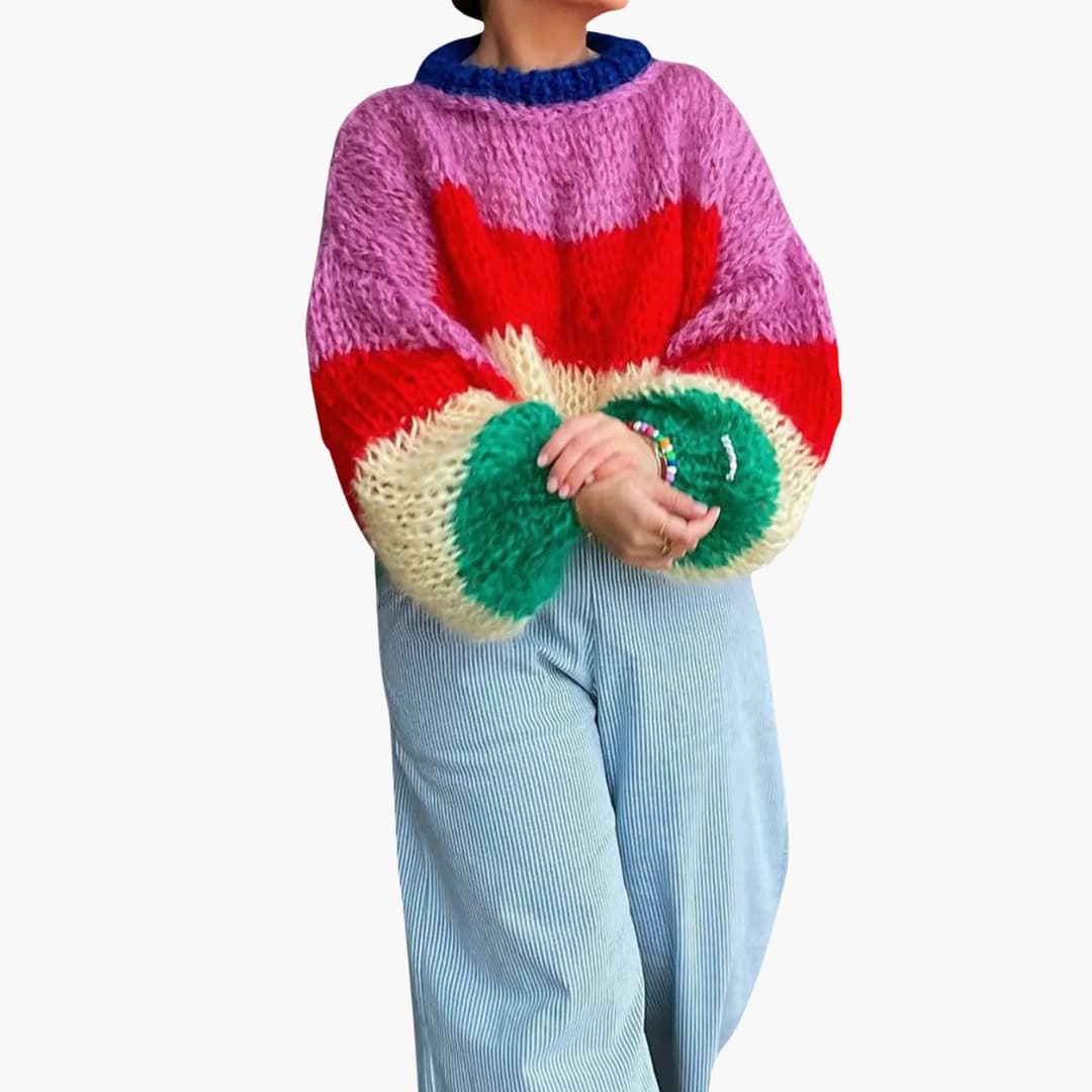 Damen Oversize Pullover mit Streifenmuster und Rundhalsausschnitt