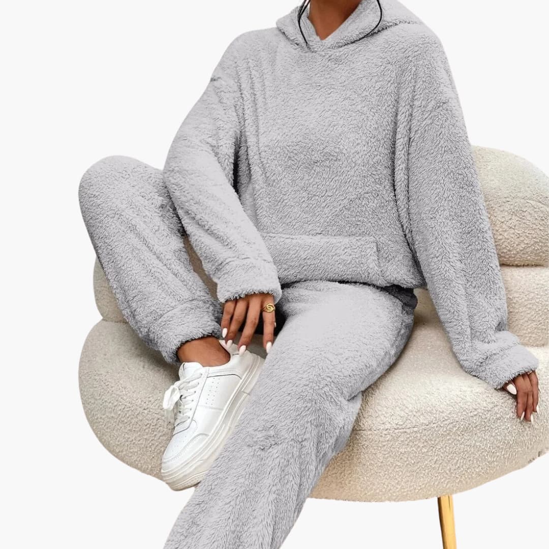 Damen Teddy Hoodie und Hosen Set mit Kängurutasche