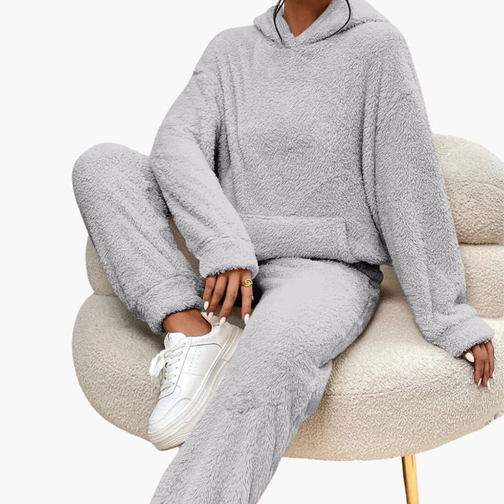 Damen Teddy Hoodie und Hosen Set mit Kängurutasche