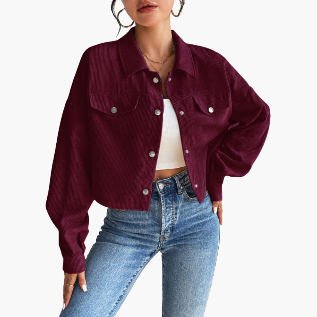 Damen Cropped Cordjacke mit Druckknöpfen