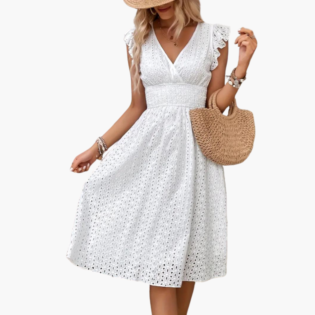 Weißes Spitzenkleid für Frauen – Sommerkleid mit V-Ausschnitt