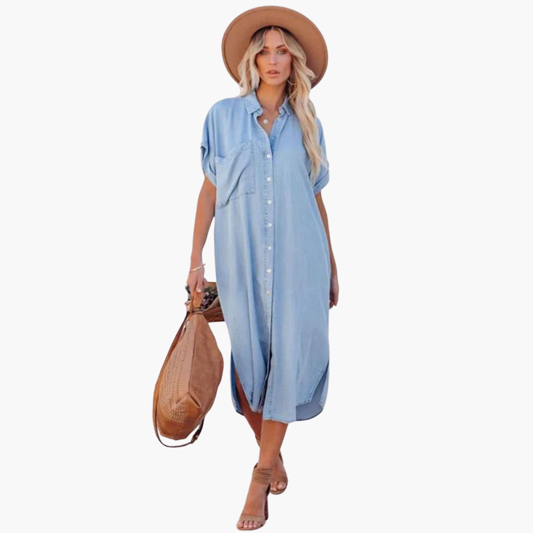 Denim Shirtkleid Damen – Lässig, Knopfleiste, Kurzarm