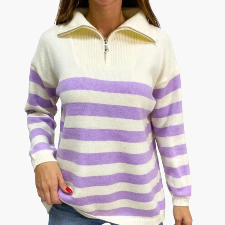 Gestreifter Reißverschluss Pullover für Damen mit Stehkragen