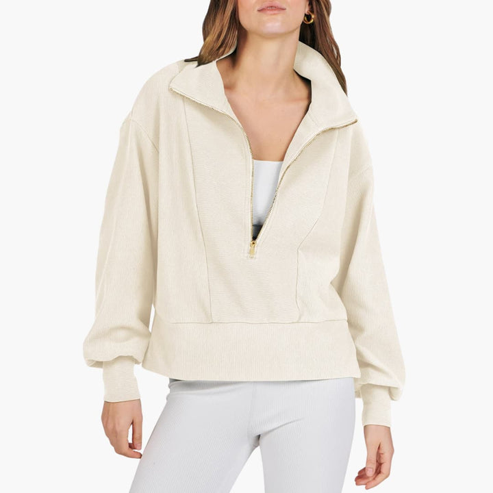 Frauen Zip-Front Pullover mit hohem Kragen und gerippter Oberfläche
