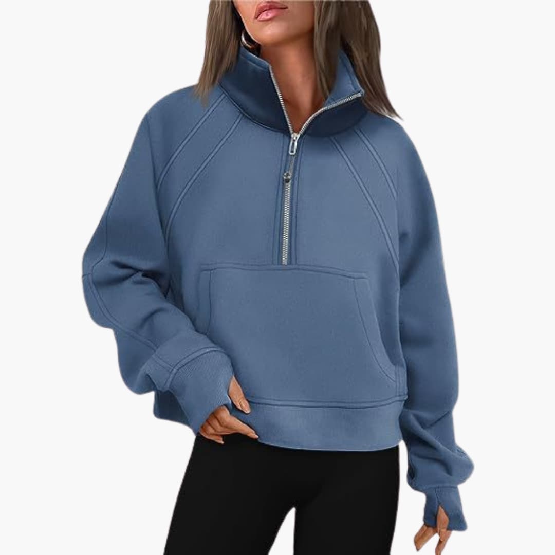 Frauen Zip-Front Pullover mit hohem Kragen und Kängurutasche
