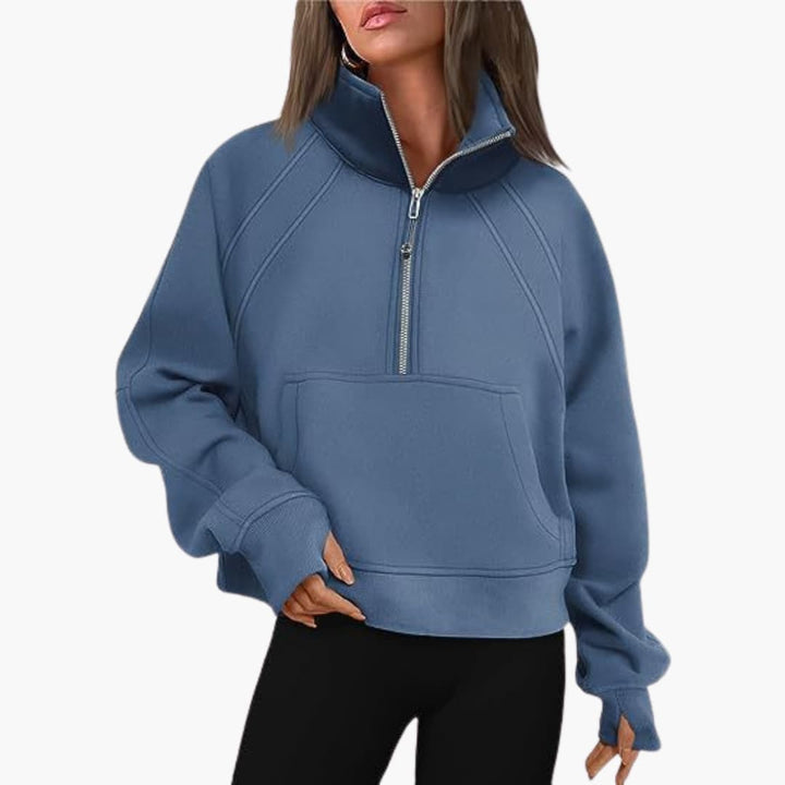 Frauen Zip-Front Pullover mit hohem Kragen und Kängurutasche