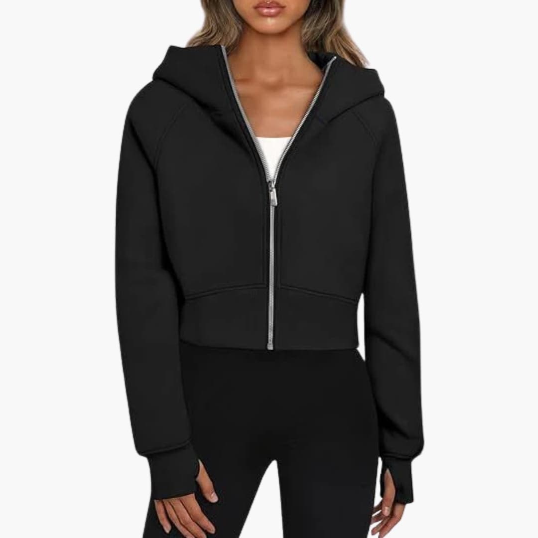 Damen Cropped Hoodie mit Reißverschluss und elastischem Bund