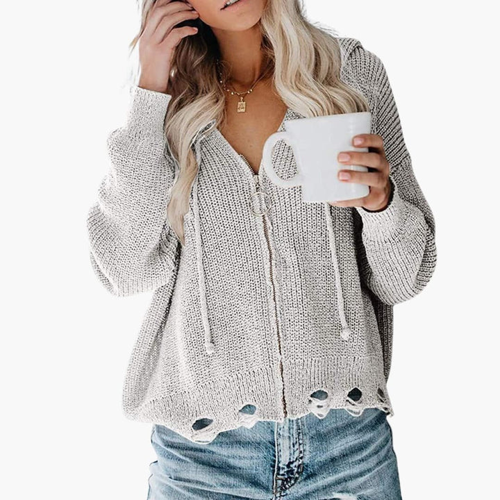 Damen Pullover mit V Ausschnitt und Reißverschluss